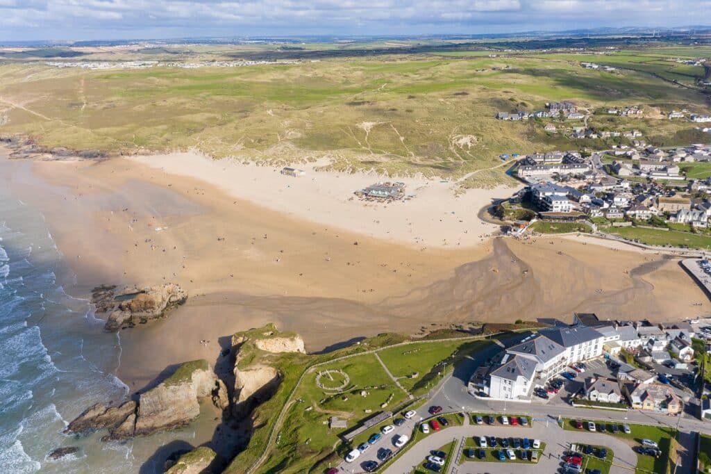Aerial view of the Watering Hole in Perranporth